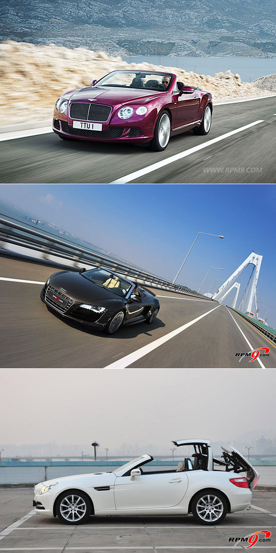 벤틀리 GT 스피드 컨버터블, 아우디 R8 V10 스파이더, 벤츠 SLK200 (상단부터)