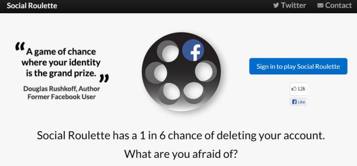 페이스북 계정을 파괴하는 소셜룰렛 게임. `무엇이 두려운가`란 문구가 자극적이다.<사진출처:소셜룰렛 페이지 캡처>