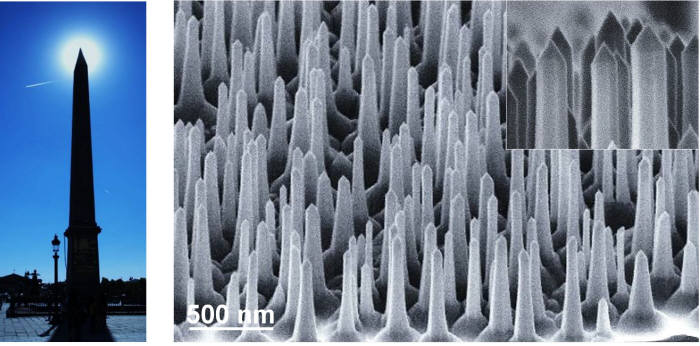프랑스 파리에 위치한 오벨리스크 사진(왼쪽)과 나노구조물. KAIST 연구진이 이 오벨리스크형 나노 구조물을 이용해 초고속 양자광원을 개발했다.