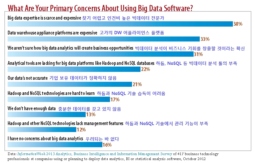 빅데이터 분석 SW 사용에서 가장 우려되는 것은? (출처 : 인포메이션위크 '2013 분석 및 BI, 정보관리' 보고서(설문조사는 2012년 10월 실시)