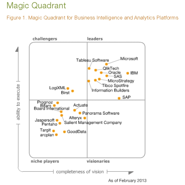 2013년 2월 가트너 BI&어낼리틱스 매직쿼드런트. 데이터 비주얼라이제이션 전문 업체들이 대거 포함되었다. 
