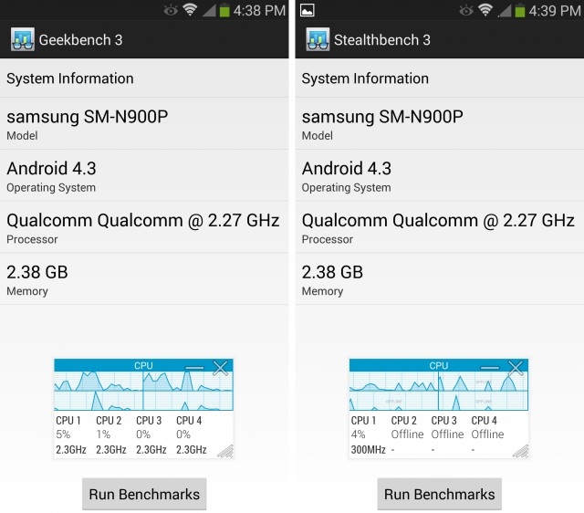 벤치마크 앱 이름을 바꾸고 실행시키자 구동되는 CPU 코어가 달라졌다. (이미지 출처 : Arstechnica)