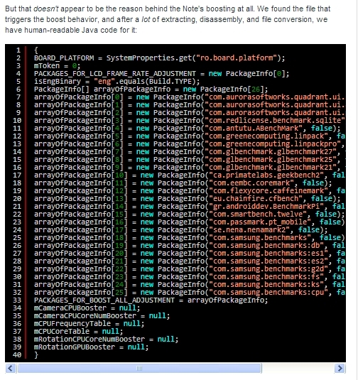 <삼성전자 갤럭시노트3에서 벤치마크 부스터를 활성화시키는 한 코드. 전문은 아스테크니카에서 볼 수 있다. (출처 : http://arstechnica.com/gadgets/2013/10/galaxy-note-3s-benchmarking-adjustments-inflate-scores-by-up-to-20/#image-1)>