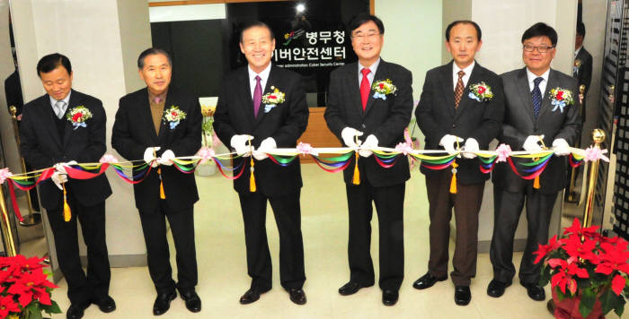 병무청 사이버안전센터 개소식이 23일 개최됐다. 왼쪽부터 병무청 김태화 입영동원국장, 장갑수 기획조정관, 박창명 청장, 정환식 차장, 이성수 병역자원국장, 김종호 사회복무국장.