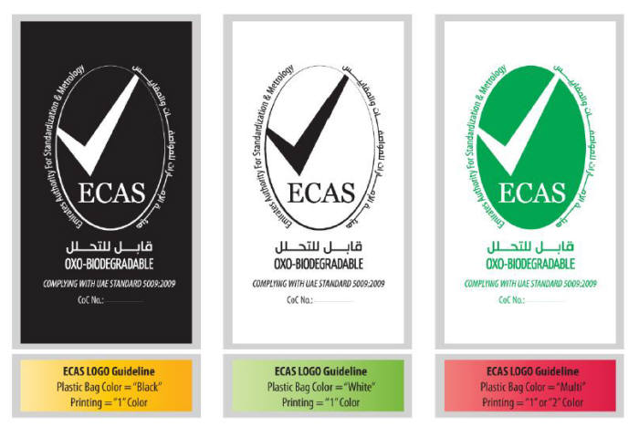UAE 정부가 새해 산화생분해 플라스틱 물질 등록제를 시행하지만 국내 수출업체 대부분이 대응을 하지 못한 것으로 파악됐다. 사진은 UAE 정부가 산화생분해 플라스틱 인증 제품에 부여하는 마크.