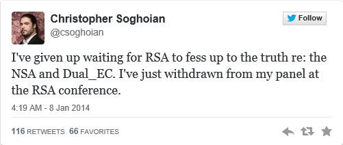 미 자유인권협회 핵심 기술자인 크리스토퍼 소고이언은 내달 열리는 RSA 보안 콘퍼런스에 참석을 취소했다. RSA가 NSA를 위해 보안 소프트웨어에 백도어를 만들었다는 의혹이 제기됐기 때문이다.