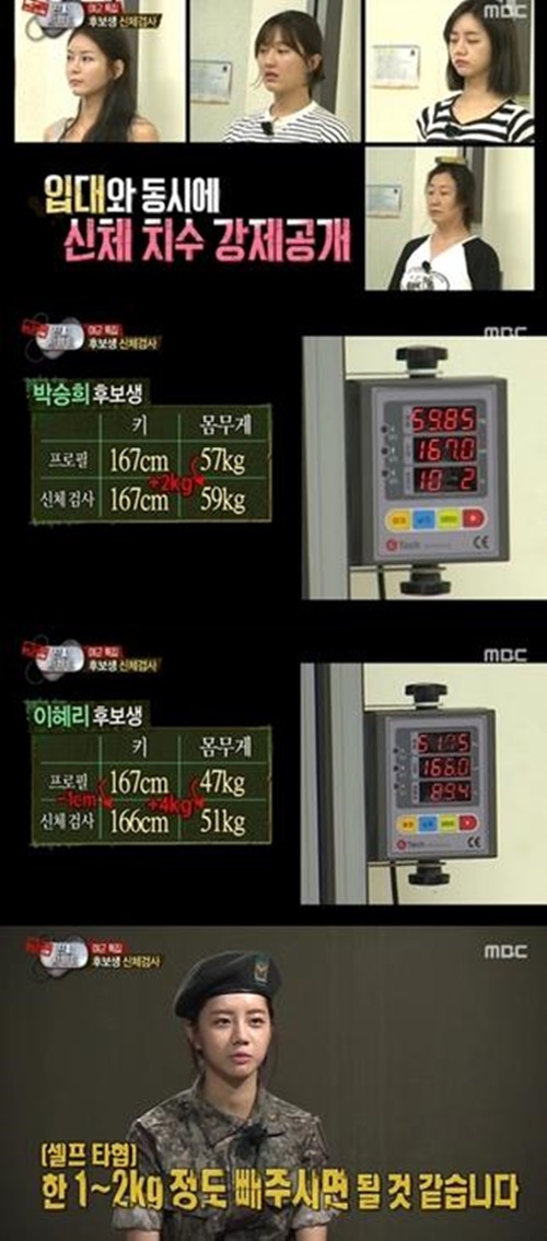 진짜사나이 여군특집  맹승지 라미란 혜리 김소연 박승희 홍은희 지나 몸무게 공개  