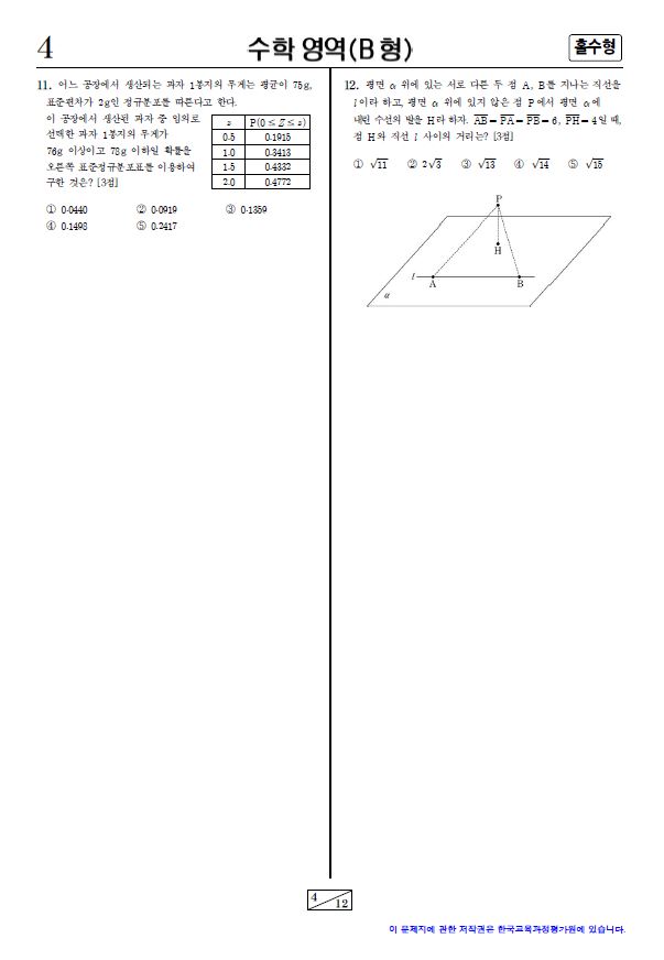 2015 대학수학능력시험, 2교시 수학영역(B형) 홀수형 문제지