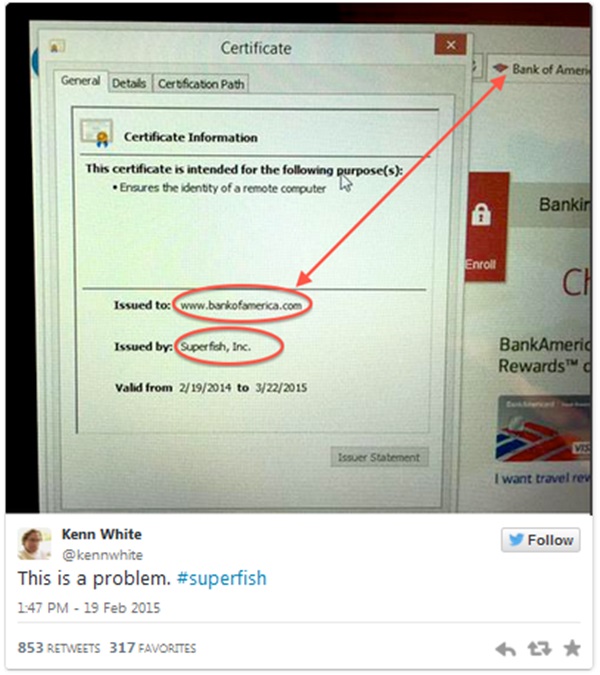 슈퍼피시가 뱅크오브아메리카 보안인증서를 도용한 것을 보여주는 트위터 사진.
 
