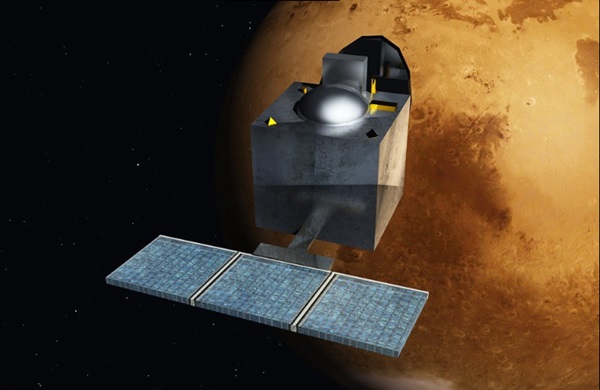 망갈리안호의 화성궤도탐사임무(Mars Orbiter Mission; Mom)모습 일러스트. 인도는 아시아최초로 화성에 화성궤도탐사선을 보냈다. 망갈리안은 지난 해 9월 23일 화성 궤도에 진입했다. 사진=ISRO