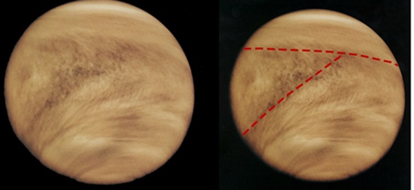 스페인,포르투갈 과학자들이 금성의 대기 위에 있는 신비한 'Y'자 형태가 만들어진 비밀을 풀어냈다. 이들은 금성의 대기 위로 부는 강하고 빠른 바람이 과학자들을 당황케 만든 의문의 'Y'자 형태를 만든 원인이었다고 설명했다. 사진=나사 