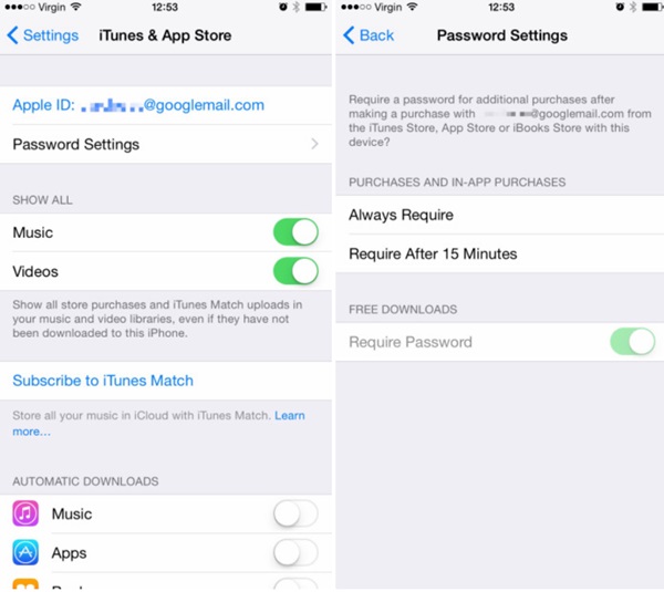 iOS 8.3에서 새롭게 도입한 두 번째 옵션 ‘비밀번호 필요’ 토글 키를 꺼두면 무료 앱을 포함한 아이튠즈의 컨텐츠를 비밀번호 입력 없이 이용할 수 있다.