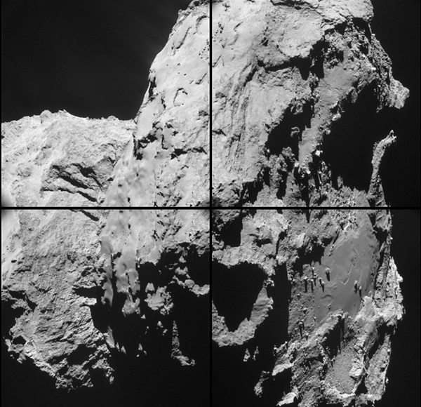 67P혜성 궤도 탐사선 로제타호가 28일 혜성 지표면 14km까지 다가갔다. 로제타카메라는 픽셀당 1.7미터 급 해상도의 돌출부 이미지를 촬영할 수 있었다. 사진=ESA