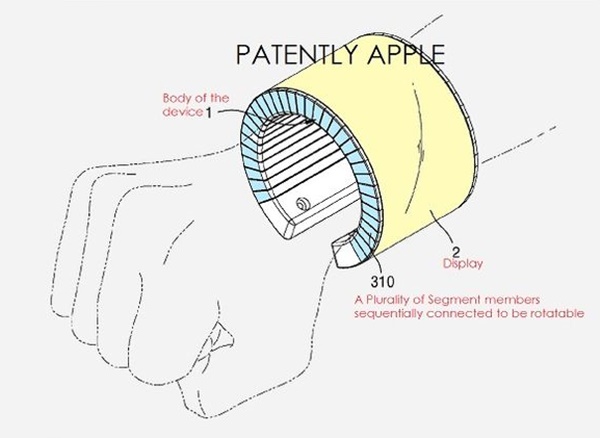 삼성이 지난 2013년 특허 출원한 플렉서블 디스플레이를 사용한 팔찌. 사진=미특허청,페이턴틀리애플