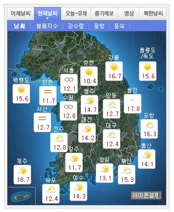 오늘이 날씨
 출처:/ 기상청 홈페이지 