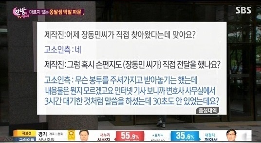 지난 30일 장동민측은 지난 29일 방송된 SBS '한밤의 TV연예'의 보도 내용이 사실과 다르다며 공식입장을 통해 억울함을 내비쳤다. 
 출처: 한밤 캡쳐