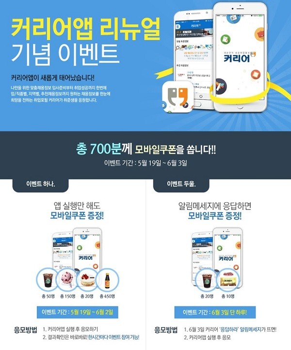 커리어앱, 리뉴얼 기념 BIG 이벤트 진행…‘총 700명에게 모바일 쿠폰 쏜다’