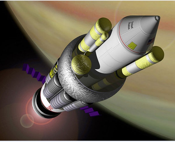 나사의 오리온프로젝트는 1958년 시작됐으며 우주선 뒤에 있는 원자탄폭발에 의한 이른바 원자펄스추진 방식을 제안했다. 사진=나사