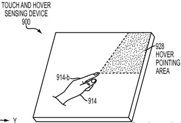 애플이 특허출원한 3D호버 기술 개념도. 화면에 터치하지 않고 X, Y, Z 축으로 손을 움직여도 이를 감지해 낸다. 사진=미특허청/애플인사이더 