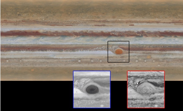 목성 대적점의 변화. 왼쪽 파란색 네모안의 대적점이 오른쪽의 붉은색 네모 안의 실모양 소용돌이로 구성된 대적점으로 변화했다. 사진=나사,버클리대 