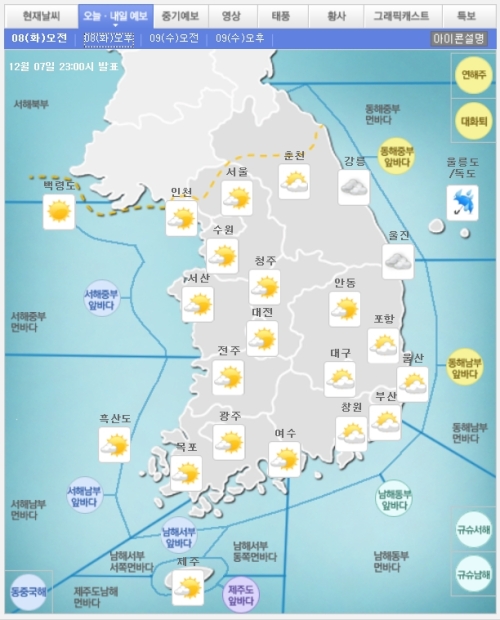 오늘 8일 날씨
 오늘(8일) 날씨는 전국이 대체로 맑겠다.  