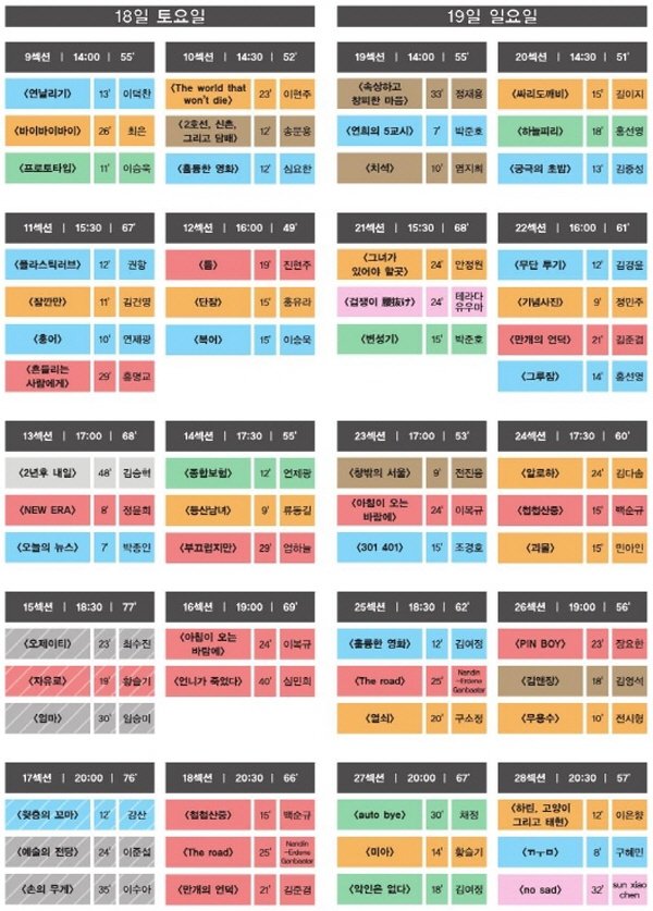 18(토), 19(일) 상영시간표. 사진=2017 한국예술종합학교 영상원 영화과 제19회 졸업영화제 준비위원회 제공