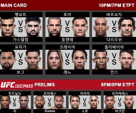 [UFC Fight Night] 벨포트VS가스텔럼, 대진표+경기일정은?