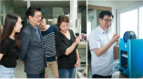 △사진=국민대 3D프린팅디자인혁신센터 장중식 교수와 연구원들(왼쪽), 이종재료 프린팅이 가능한 교육용 3D프린터를 소개하고 있는 ㈜인스턴 국연호 대표(오른쪽)