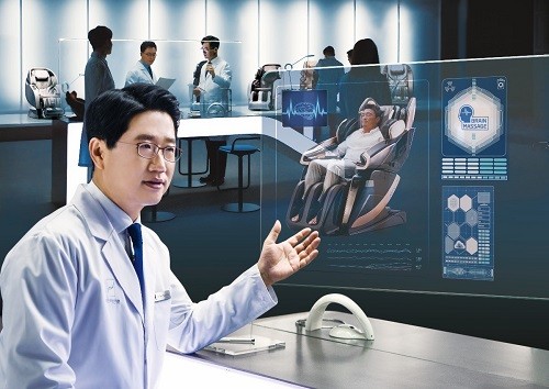 안마의자 브랜드 바디프랜드의&#8203; 조수현 메디컬R&D 센터장(왼쪽 아래)과 전문의들