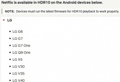 넷플릭스에서 HDR 영상을 지원하는 LG전자 스마트폰 목록. 2018년 출시된 LG V40에 멈춰있다. 사진=넷플릭스