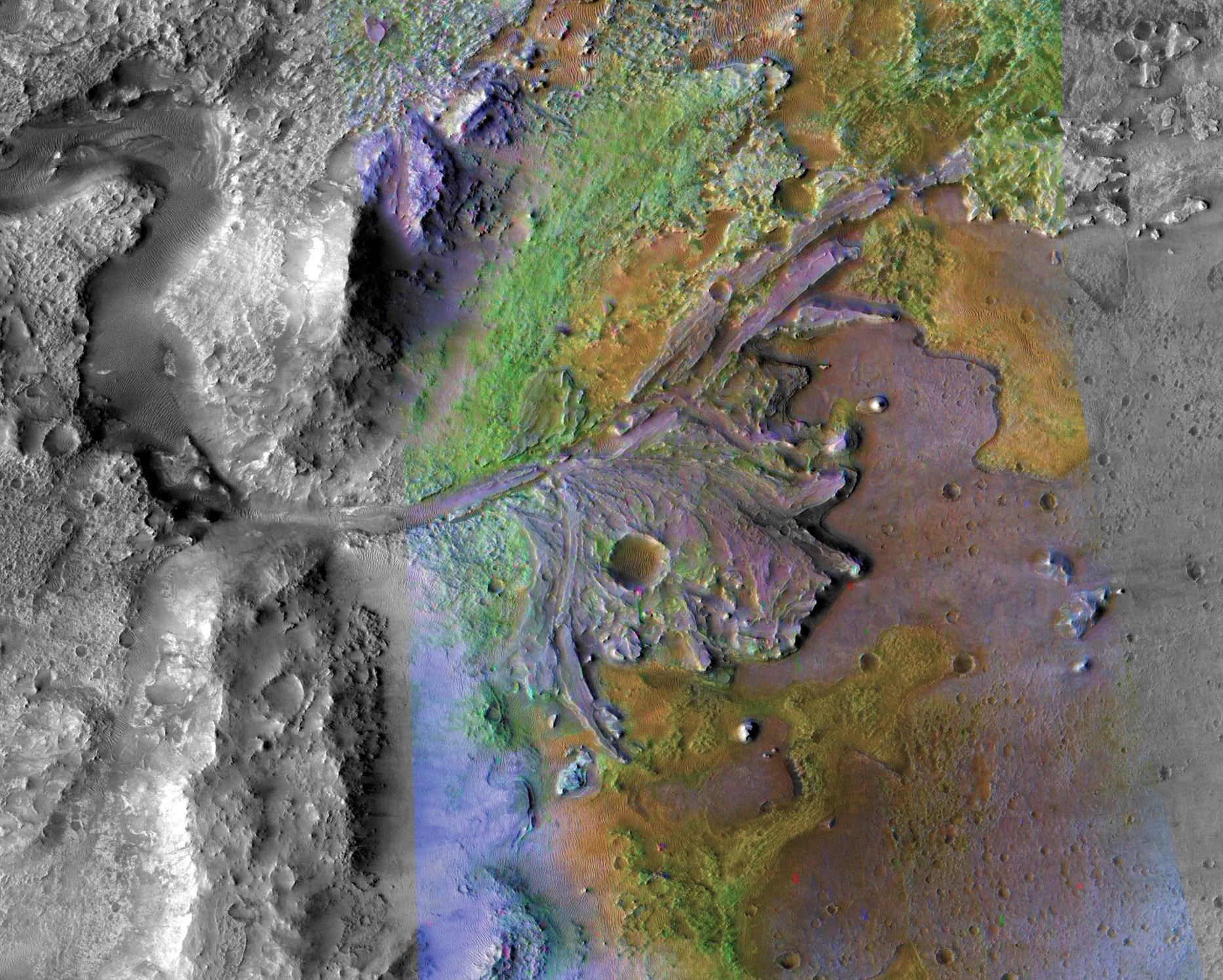 나사 화성 탐사 로버 '퍼서비어런스'가 착륙한 예제로 분화구. 사진=NASA/JPL/JHUAPL/MSSS/Brown University