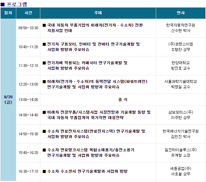 '미래차 전환 대응전략 - 전기차ㆍ수소차 전장부품 지원 및 사업모델 세미나' 프로그램