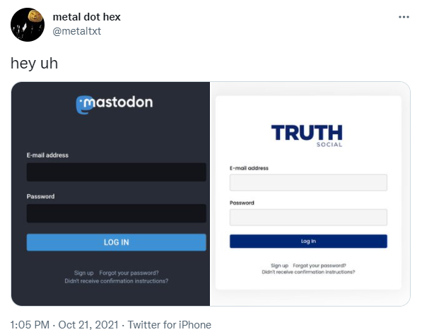 ’마스토돈’과 ‘트루스소셜’ 로그인 화면. 사진=@metaltxt 트위터