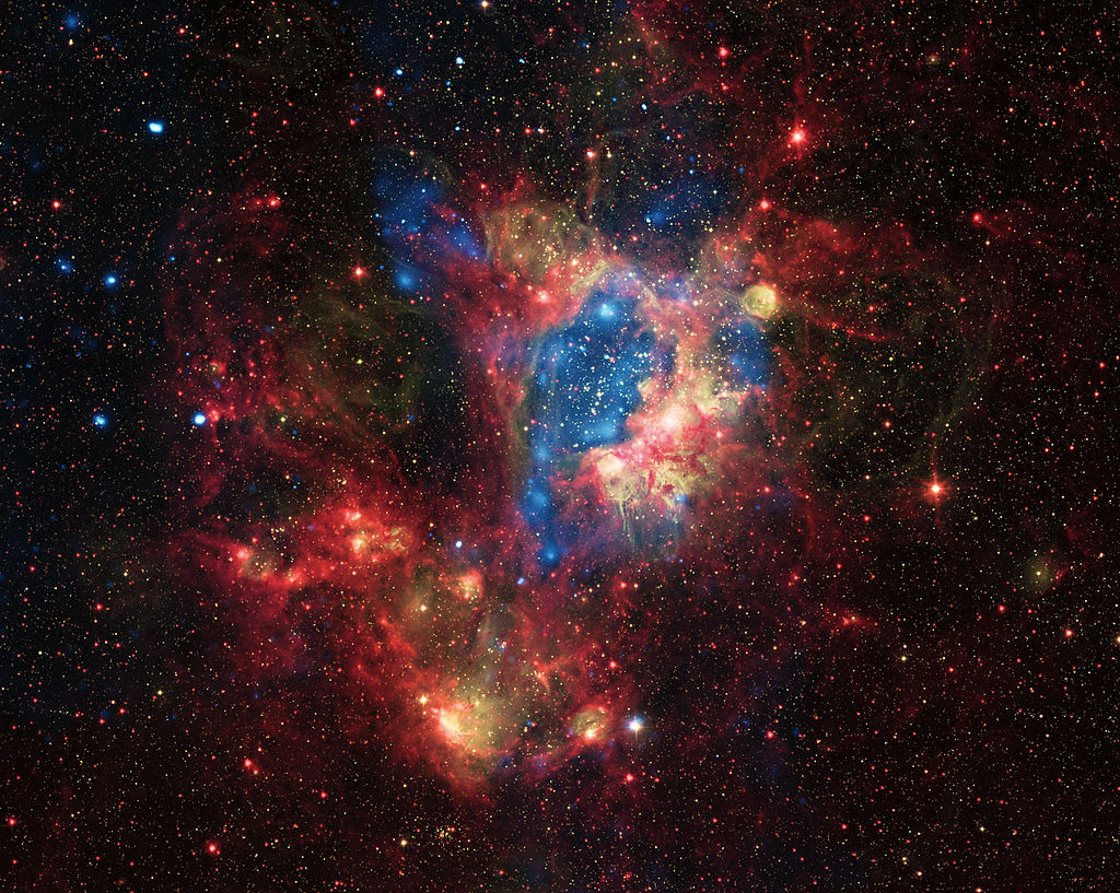 2012년 관측된 N44의 가시광선, 적외선, X선 사진을 결합한 모습. 사진=Optical: ESO, X-ray: NASA/CXC/U.Mich./S.Oey, IR: NASA/JPL