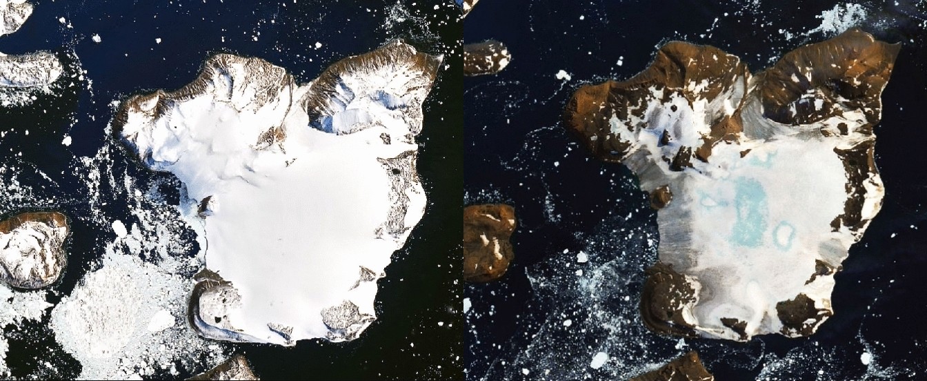 2020년 2월 4일(왼쪽)과 13일 랜드셋 8호 위성이 촬영한 남극 이글섬. 눈과 얼음이 이례적인 속도로 녹아내려 9일만에 연못이 형성됐다. 사진=NASA