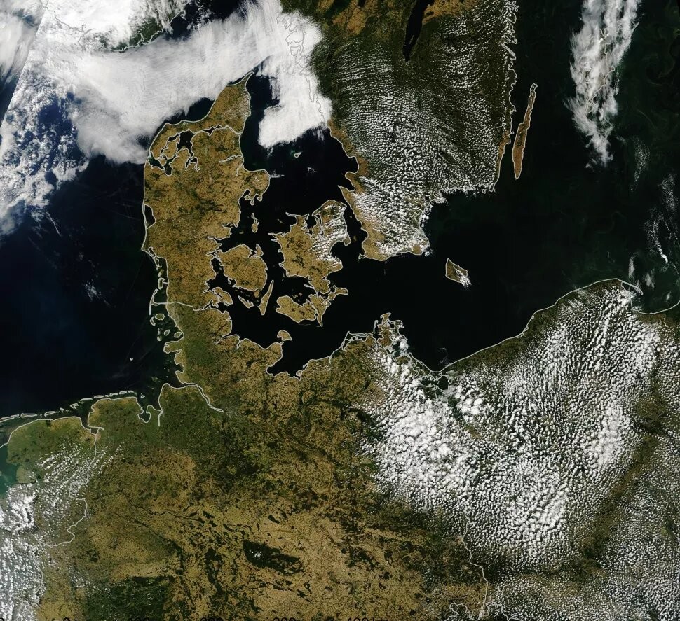 나사 수오미 NPP 위성이 촬영한 2018년 덴마크 등 유럽. 초록색이던 부분이 고온으로 인해 갈색으로 변했다. 사진=NASA