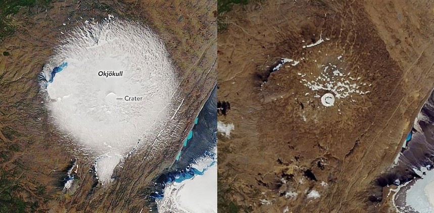 1986년(왼쪽)과 2019년 랜드샛 8호 위성이 관측한 아이슬란드의 오크요쿡흐을 빙하. 산 전체를 뒤덮었던 빙하가 녹아 일부 밖에 남지 않았다. 사진=NASA