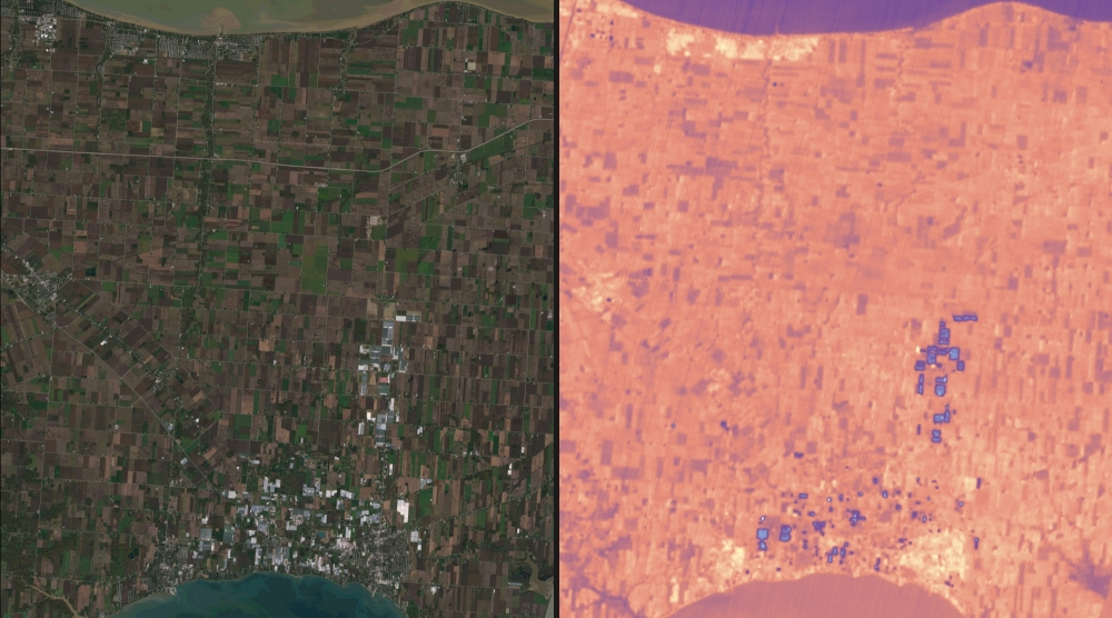 캐나다 온타리오주 남부 농장 들판. OLI-2(왼쪽)와 TIRS-2 이미지. 사진=NASA/USGS