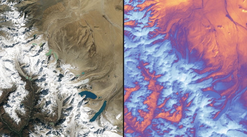 히말라야 산맥과 북쪽의 티베트 고원. OLI-2(왼쪽)와 TIRS-2 이미지. 사진=NASA/USGS