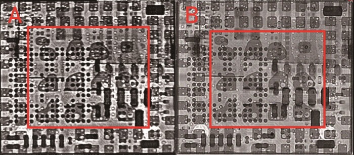 사진 A는 RF 모듈에 들어간 15*17mm 사이즈 칩 내부를 베가레이로 촬영한이미지, B는 3억원짜리 일본 장비의 2D 기능으로 촬영한 이미지, 동일한 위치에서 비슷한 크기의 Void확인이 가능하다.(제공:(주)레이피아)