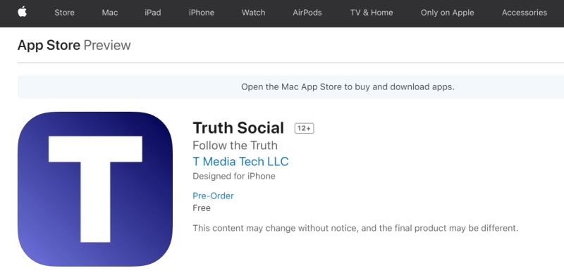 애플 앱스토어에서 2월 21일(현지 시각) 오픈 예정인 ‘트루스소셜’. 사진=애플 앱스토어