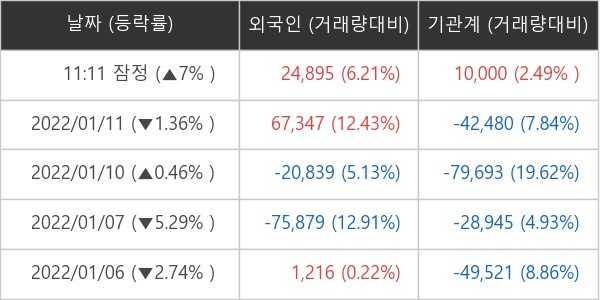 엘앤에프 외국인ㆍ기관 순매매량 (단위: 주)