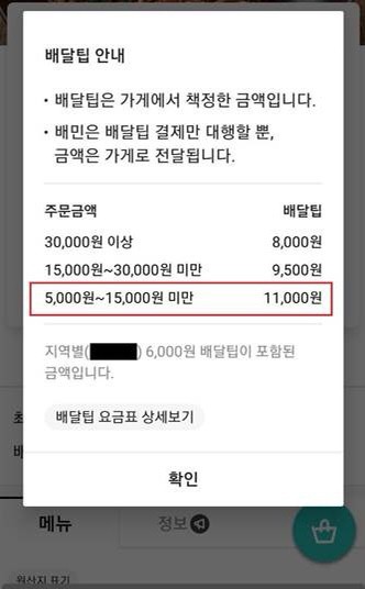 △사진설명: 서울의 한 음식점의 배탈팁. 5000원 메뉴를 주문하려면 이 11,000원의 배달팁을 내야 한다.
 