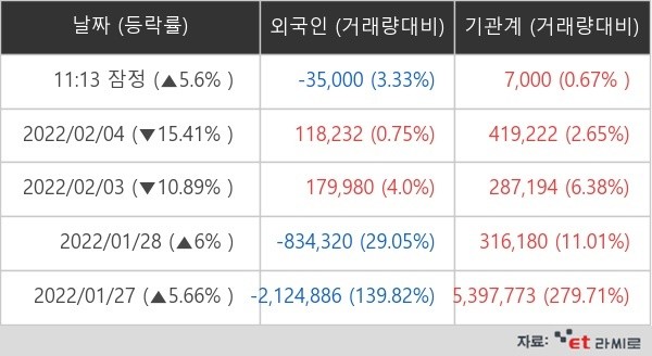 LG에너지솔루션 외국인ㆍ기관 순매매량 (단위: 주)