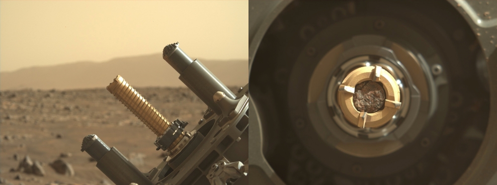 화성 암석을 채취하는 ‘퍼서비어런스’ 채취 드릴(왼쪽)과 티타늄관에 담긴 8번째 암석 시료. 사진=미 항공우주국(NASA) 퍼서비어런스 로버 트위터
