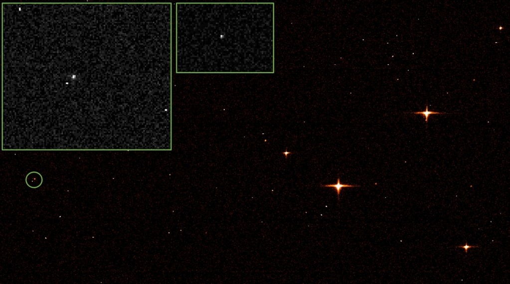 초록색 동그라미 안에 있는 붉은 점이 제임스 웹 우주망원경이다. 사진=유럽우주국(ESA)