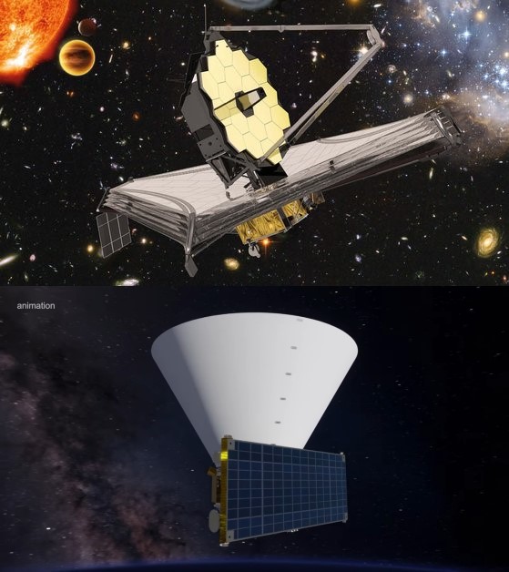 제임스 웹 우주망원경(위)과 스피어X 우주망원경. 사진=미 항공우주국 제트추진연구소(NASA JPL)