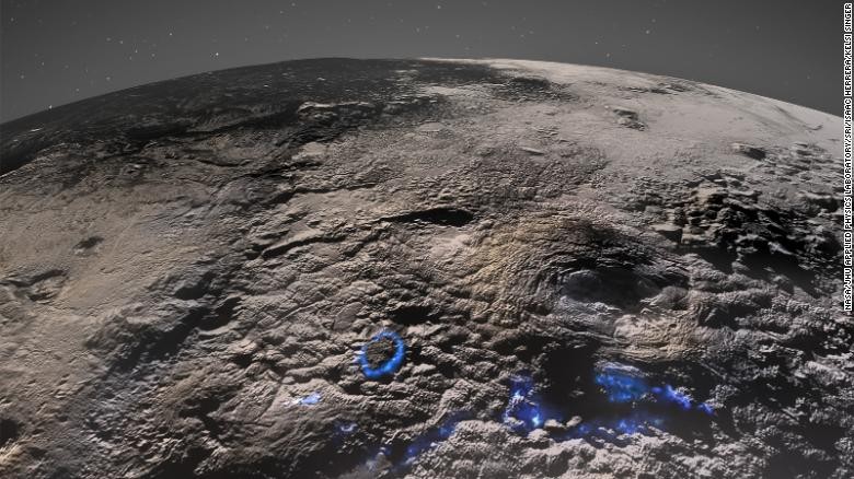 Image of Pluto taken by NASA's New Horizons spacecraft.  Potential volcanic activity is shown in blue.  Photo: NASA/Johns Hopkins University Applied Physics Laboratory/Southwest Research Institute/Isaac Herrera/Kelsi Singer)