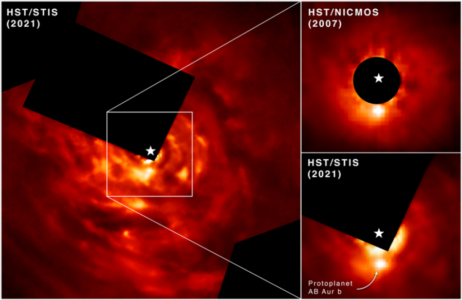 A prototype of the massive gas planet AB Auriga b can be seen orbiting the state.  Comparing the images from 2007 to 2021, we notice that they move counterclockwise.  Photo: NASA, ESA, and the Subaru Thin Carey Telescope Observatory
