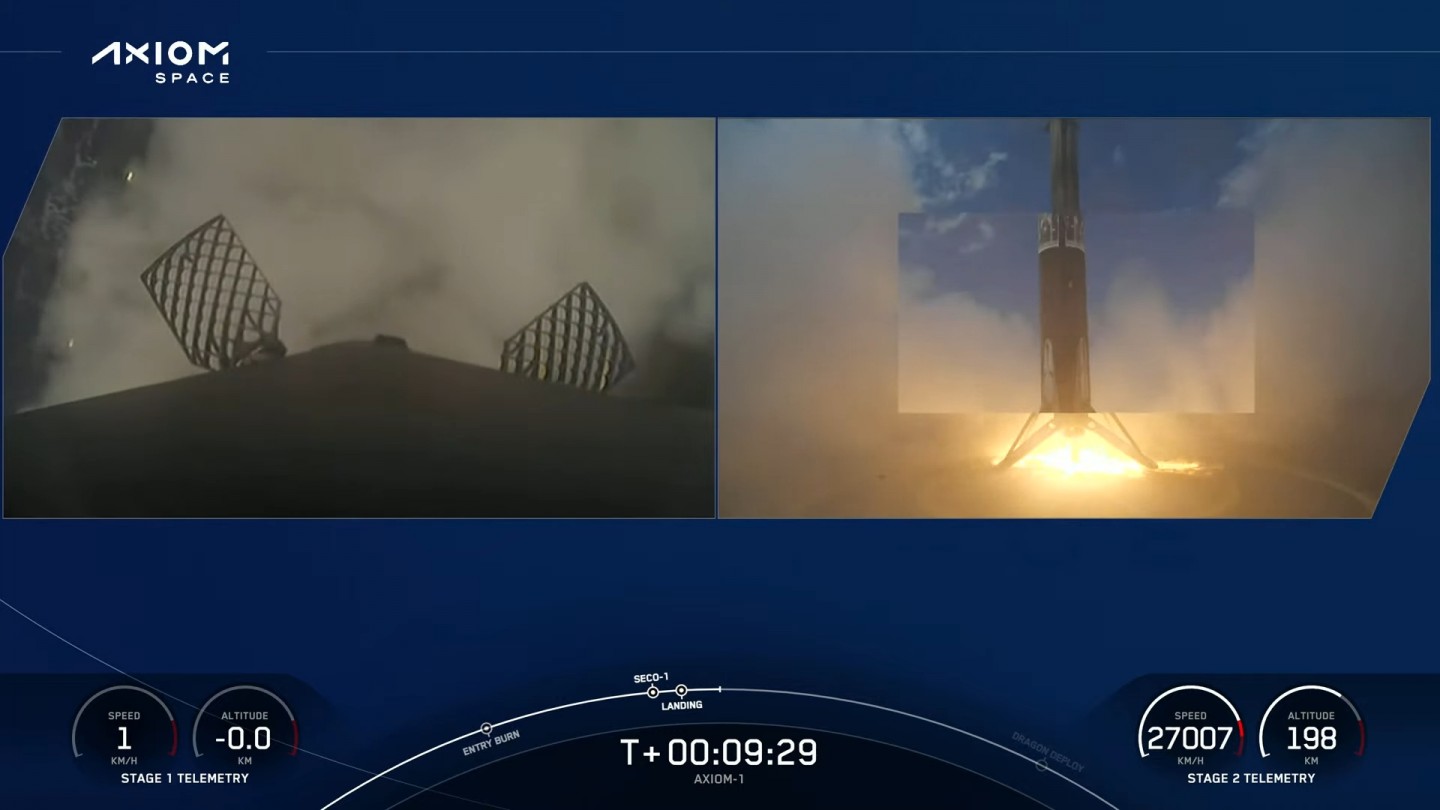 ’Ax-1’ 미션에 투입된 스페이스X ‘팰컨9’ 로켓이 유인 캡슐과 분리된 후 해상 바지선에 역분사 방식으로 착륙하고 있다. 사진=스페이스X 유튜브 캡쳐